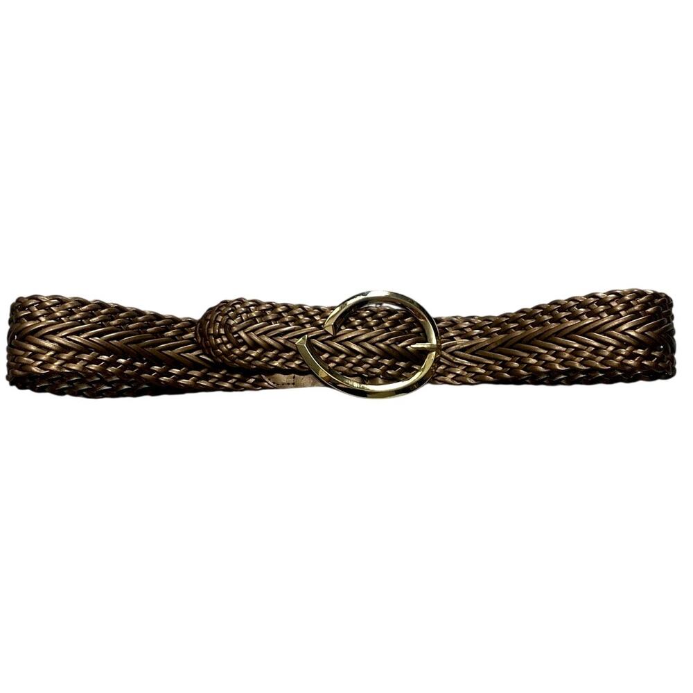 Chico's Metallic Bronze Gold Woven Braided Belt Medium Gold Tone Buckle Wide